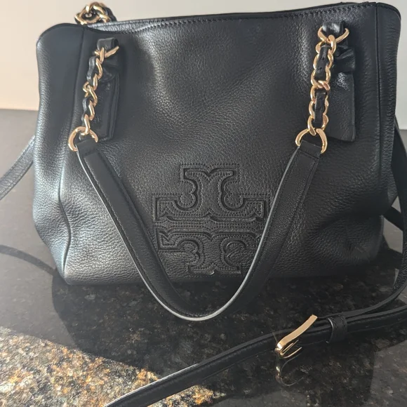 Tory Burch Black Pebbled Leather Tote with Gold Chain Straps - Picture 5 of 5